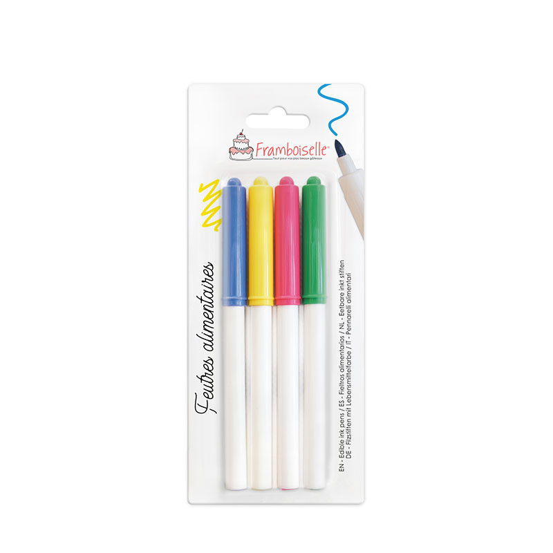 4 feutres alimentaires (bleu, jaune, rose, vert)
