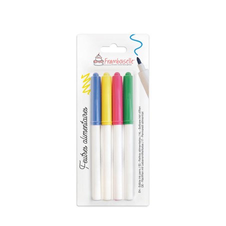 4 feutres alimentaires (bleu, jaune, rose, vert)