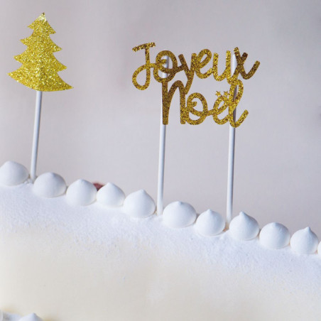 Ambiance décoration bûche - cake topper doré "Joyeux Noël" & sapin