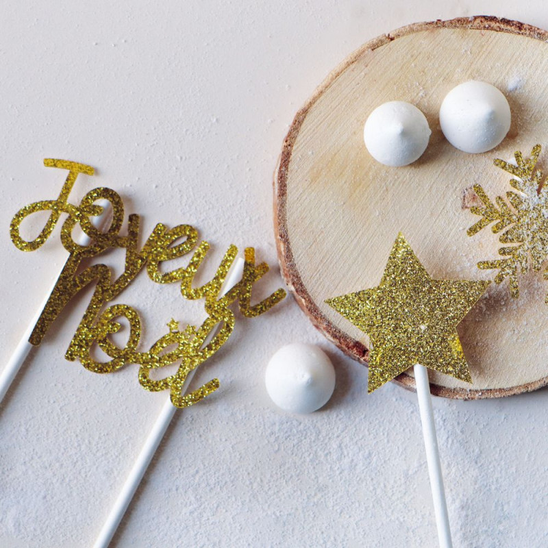 Ambiance kit de décoration bûche de Noël - Meringues & cake toppers or