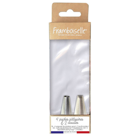 Kit de 4 poches à douilles pâtissières + 1 douille cannelée & 1 douille à macarons